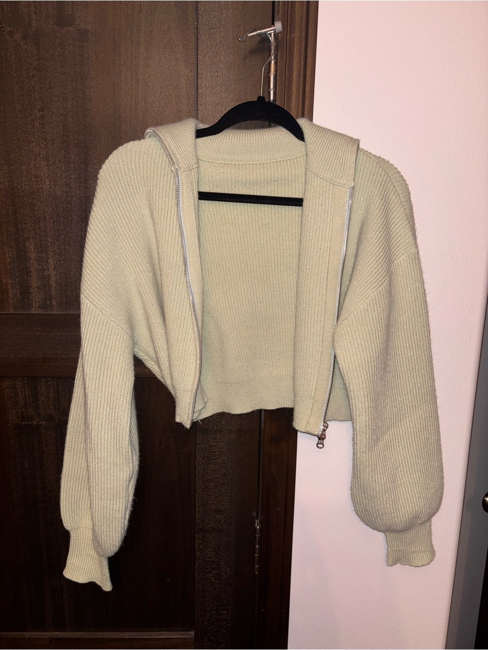 SHEIN Cropped Hooded Rib-Knit Cardigan in Light Sage
